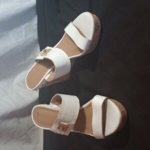 4 inch Tommy Hilfiger white sandals with Gold hardware